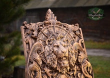 Load image into Gallery viewer, Wooden panel Carved Lion Head and Skull,  wood wall hanging plaque wood carvings wood carved dark art