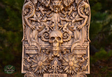 Load image into Gallery viewer, Wooden panel Carved Lion Head and Skull,  wood wall hanging plaque wood carvings wood carved dark art