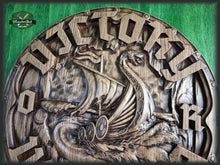 Load image into Gallery viewer, Victory or Valhalla carved panel of wood, Vikings Drakkar, Viking Wall art, Viking shield Wall decor,