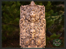 Load image into Gallery viewer, Wooden panel Carved Lion Head and Skull,  wood wall hanging plaque wood carvings wood carved dark art