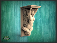 Load image into Gallery viewer, Corbel Mermaid of wood, Unpainted, Decorative Carved Wooden Corbel, 1pc, Home Wall Embellishments, wood onlays, wood wall art decor