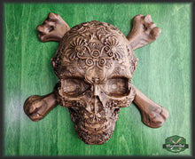 Load image into Gallery viewer, Carved Skull made of wood, wood wall art, carved skull of wood, wall decor carving, Santa Muerte, Calavera, Dark Art