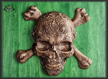 Load image into Gallery viewer, Carved Skull made of wood, wood wall art, carved skull of wood, wall decor carving, Santa Muerte, Calavera, Dark Art