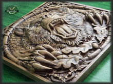 Load image into Gallery viewer, Carved Bear decor, Carved Bear of wood, Celtic wood carving, Viking carving, Celtic Lord Of Woods, Wall art, Wall decor, Wall hanging