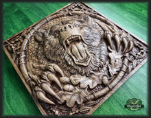 Load image into Gallery viewer, Carved Bear decor, Carved Bear of wood, Celtic wood carving, Viking carving, Celtic Lord Of Woods, Wall art, Wall decor, Wall hanging