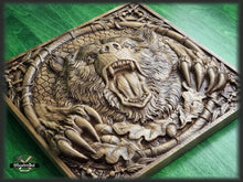 Load image into Gallery viewer, Carved Bear decor, Carved Bear of wood, Celtic wood carving, Viking carving, Celtic Lord Of Woods, Wall art, Wall decor, Wall hanging