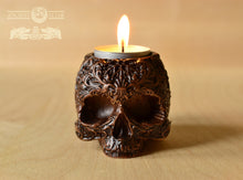 Load image into Gallery viewer, Skull Candle holder, Pagan candlestick, Scandinavian, home altar, sugar skull, runes, norse, viking, heathen, santa muerte