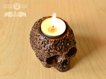 Load image into Gallery viewer, Skull Candle holder, Pagan candlestick, Scandinavian, home altar, sugar skull, runes, norse, viking, heathen, santa muerte