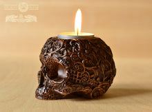 Load image into Gallery viewer, Skull Candle holder, Pagan candlestick, Scandinavian, home altar, sugar skull, runes, norse, viking, heathen, santa muerte