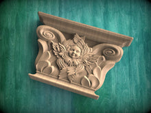 Load image into Gallery viewer, Wooden Capital with a Cherub, 1pc, Carved capital decor wood, Unpainted, Home Wall Embellishments, wood onlays, wood wall art decor