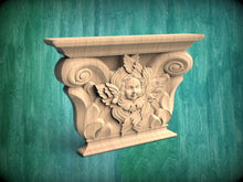Load image into Gallery viewer, Wooden Capital with a Cherub, 1pc, Carved capital decor wood, Unpainted, Home Wall Embellishments, wood onlays, wood wall art decor