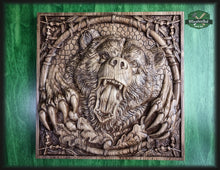 Load image into Gallery viewer, Carved Bear decor, Carved Bear of wood, Celtic wood carving, Viking carving, Celtic Lord Of Woods, Wall art, Wall decor, Wall hanging