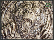 Load image into Gallery viewer, Carved Bear decor, Carved Bear of wood, Celtic wood carving, Viking carving, Celtic Lord Of Woods, Wall art, Wall decor, Wall hanging