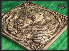 Load image into Gallery viewer, Carved Bear decor, Carved Bear of wood, Celtic wood carving, Viking carving, Celtic Lord Of Woods, Wall art, Wall decor, Wall hanging