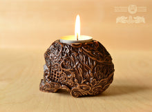 Load image into Gallery viewer, Skull Candle holder, Pagan candlestick, Scandinavian, home altar, sugar skull, runes, norse, viking, heathen, santa muerte