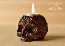 Load image into Gallery viewer, Skull Candle holder, Pagan candlestick, Scandinavian, home altar, sugar skull, runes, norse, viking, heathen, santa muerte