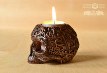 Load image into Gallery viewer, Skull Candle holder, Pagan candlestick, Scandinavian, home altar, sugar skull, runes, norse, viking, heathen, santa muerte
