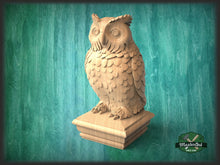 Load image into Gallery viewer, Owl Wooden Finial for Staircase Newel Post, Owl finial bed post, Owl statue of wood, Decorative Newel Post Cap Bird Face