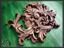 Load image into Gallery viewer, Skull in leaves carved panel made of wood, wood wall art, carved skull of wood, gift for him, Santa Muerte, Dark Art
