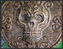 Load image into Gallery viewer, Skull panel gift made of wood, wood wall art, gift for him, wall decor carving, Santa Muerte, Dark Art