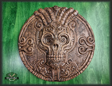 Load image into Gallery viewer, Skull panel gift made of wood, wood wall art, gift for him, wall decor carving, Santa Muerte, Dark Art