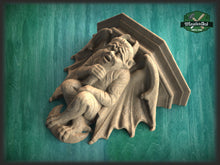 Load image into Gallery viewer, Devil Gargoyle of wood, Carved Gothic Corbel Gargoyle, Fireplace Figure, Devil Victorian Wall Hanging
