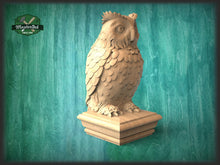 Load image into Gallery viewer, Owl Wooden Finial for Staircase Newel Post, Owl finial bed post, Owl statue of wood, Decorative Newel Post Cap Bird Face