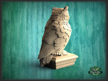 Load image into Gallery viewer, Owl Wooden Finial for Staircase Newel Post, Owl finial bed post, Owl statue of wood, Decorative Newel Post Cap Bird Face