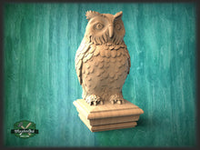 Load image into Gallery viewer, Owl Wooden Finial for Staircase Newel Post, Owl finial bed post, Owl statue of wood, Decorative Newel Post Cap Bird Face