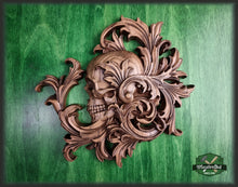 Load image into Gallery viewer, Skull in leaves carved panel made of wood, wood wall art, carved skull of wood, gift for him, Santa Muerte, Dark Art