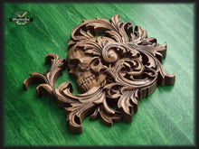 Load image into Gallery viewer, Skull in leaves carved panel made of wood, wood wall art, carved skull of wood, gift for him, Santa Muerte, Dark Art