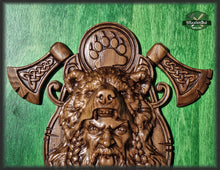 Load image into Gallery viewer, Berserk wall panel, Berserk wood art, Pagan altar, Norse mythology, Celtic wood carving, Viking decor Wood sculpture