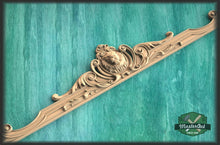 Load image into Gallery viewer, Lion Onlay above the entrance, Large oak floral center onlay with lion gead, horizontal decor, carved decoration of wood, wooden onlay