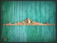 Load image into Gallery viewer, Lion Onlay above the entrance, Large oak floral center onlay with lion gead, horizontal decor, carved decoration of wood, wooden onlay