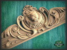 Load image into Gallery viewer, Lion Onlay above the entrance, Large oak floral center onlay with lion gead, horizontal decor, carved decoration of wood, wooden onlay