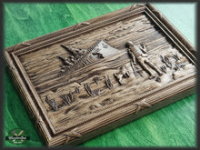 Load image into Gallery viewer, Stylized wood panel Russian Warship Go F**k Yourself with Patron dog, wood wall art, Ukraine wall decor carving