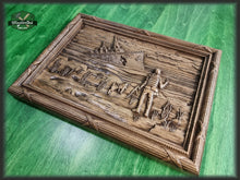 Load image into Gallery viewer, Stylized wood panel Russian Warship Go F**k Yourself with Patron dog, wood wall art, Ukraine wall decor carving