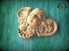 Load image into Gallery viewer, Angel Head Carved Wood Applique, Angel with wings, Carved Angel, religion decor, carved decoration of wood, wooden onlay