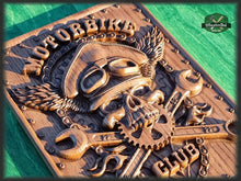 Load image into Gallery viewer, Motorbike Club carved painting, carved wood panno, Gift for biker