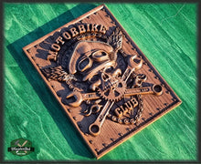 Load image into Gallery viewer, Motorbike Club carved painting, carved wood panno, Gift for biker