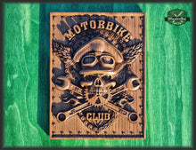 Load image into Gallery viewer, Motorbike Club carved painting, carved wood panno, Gift for biker