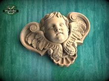 Load image into Gallery viewer, Angel Head Carved Wood Applique, Angel with wings, Carved Angel, religion decor, carved decoration of wood, wooden onlay