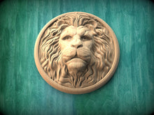 Load image into Gallery viewer, Round Rosette Lion, Carved lion head, Unpainted, 1pc, Applique furniture decor DIY Furniture Trim Supplies wall ornaments pediments