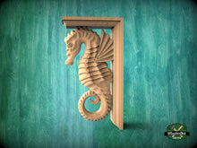 Load image into Gallery viewer, Seahorse Corbel of Wood, Unpainted, Seahorse bracket Carved Wooden Corbel, Home Wall Embellishments, wood onlays, wood wall art decor