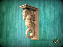 Load image into Gallery viewer, Seahorse Corbel of Wood, Unpainted, Seahorse bracket Carved Wooden Corbel, Home Wall Embellishments, wood onlays, wood wall art decor