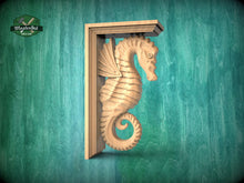 Load image into Gallery viewer, Seahorse Corbel of Wood, Unpainted, Seahorse bracket Carved Wooden Corbel, Home Wall Embellishments, wood onlays, wood wall art decor