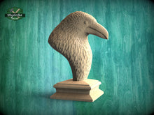 Load image into Gallery viewer, Crow Wooden Finial for Staircase Newel Post, Raven finial bed post, Corbie statue of wood, Decorative Newel Post Cap Bird Face