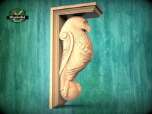 Load image into Gallery viewer, Ealge Corbel of Wood, Unpainted, Eagle bracket Carved Wooden Corbel, Home Wall Embellishments, wood onlays, wood wall art decor
