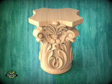 Load image into Gallery viewer, Ionic capital base decor, Acanthus applique, Unpainted, Decorative Carved Wooden Capital, wood onlays, wood wall art decor