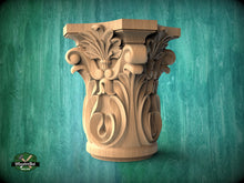 Load image into Gallery viewer, Ionic capital base decor, Acanthus applique, Unpainted, Decorative Carved Wooden Capital, wood onlays, wood wall art decor